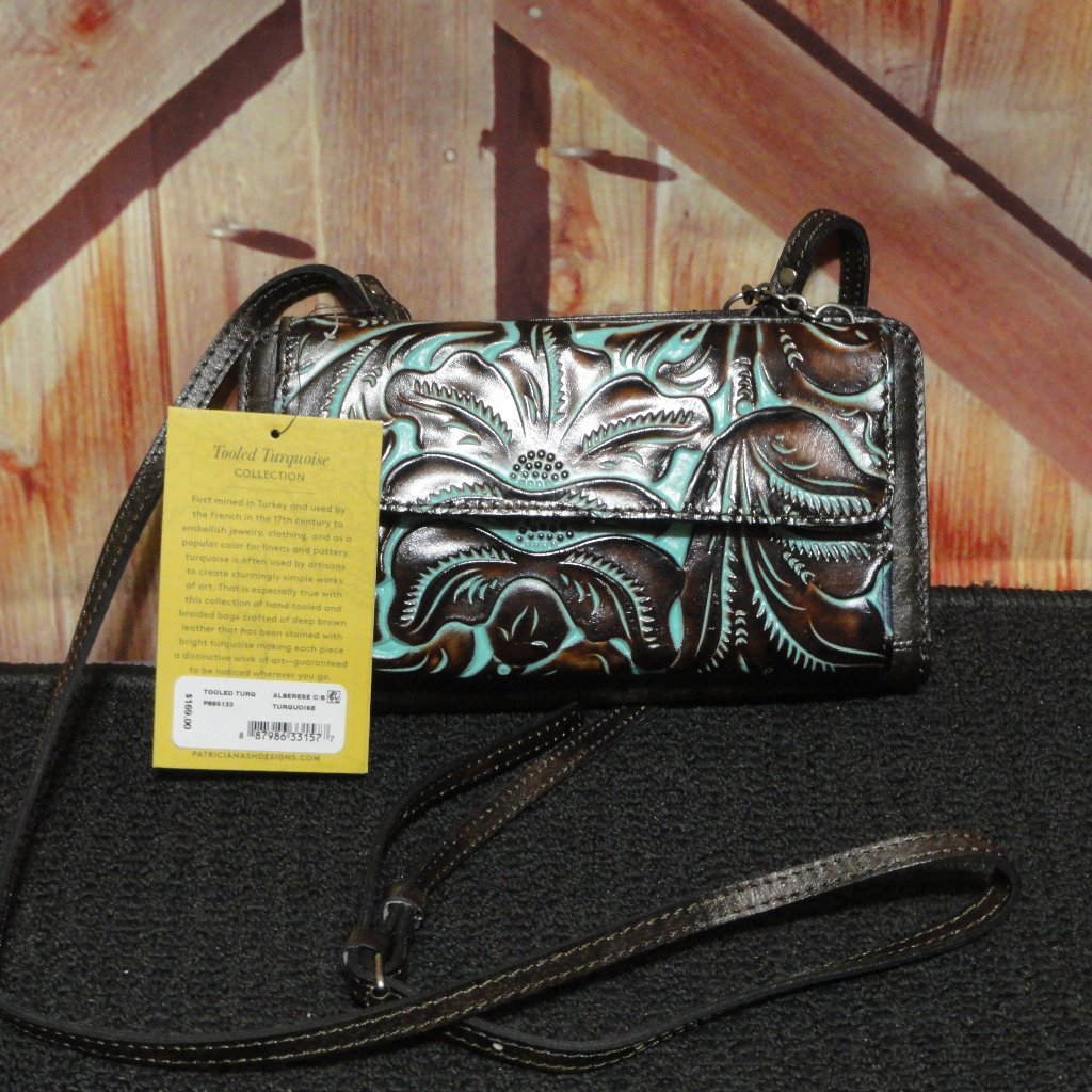 Patrica Nash Designs Tooled Turquoise Leather Cross Body Bag